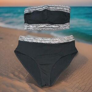 Women's 2XL Black/Leopard Strapless Bandeau Top, High Waist 2 Pc Bikini